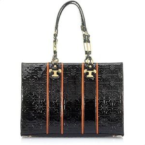 Tory Burch “Nico” Lux T East-West Patent Black Leather Tote with Gold Hardware